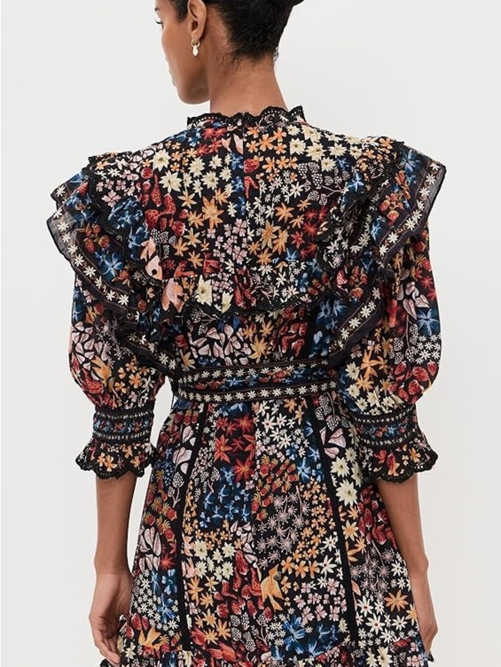 FARM Rio Black Multi-Color Floral Puff-Sleeve Midi Dress with purse - Picture 2 of 5